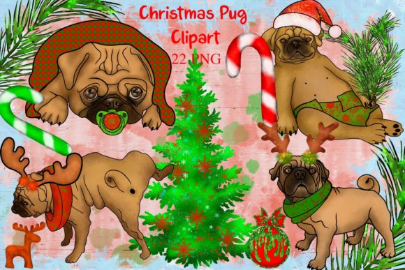 Christmas PUG Clipart for Festive Crafting and Illustrations