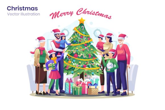 Family Christmas Tree Flat Illustration Review