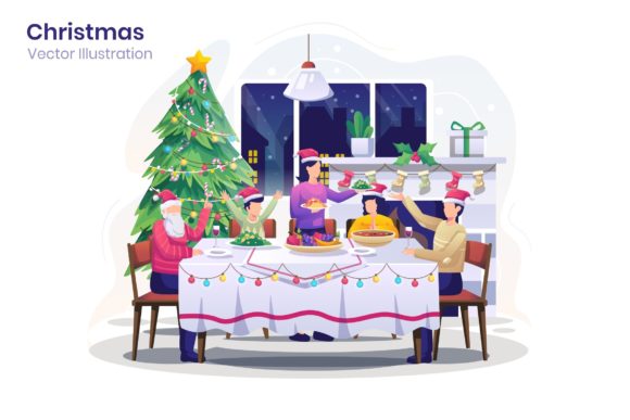 Family Home Dinner Christmas Illustration for Branding and Design