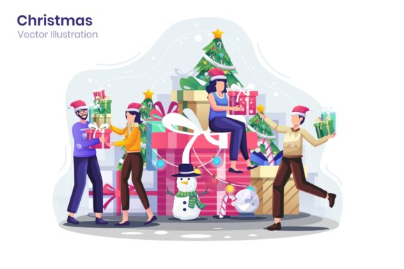 People and Christmas Gifts Illustration for Crafting