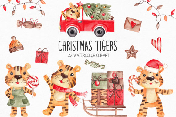 Watercolor Christmas Tiger Clipart for Festive Branding